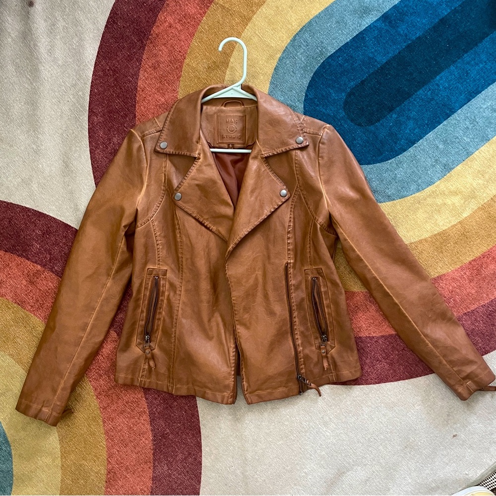MAX STUDIO TAUPE / ORANGE BROWN LEATHER JACKET SIZE SM
